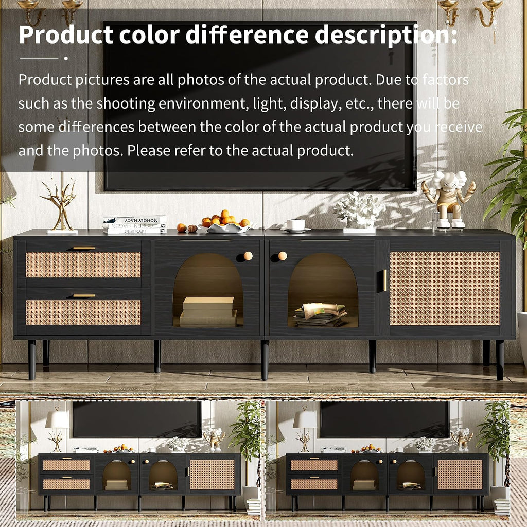 Merax LED TV Stand for TVs up to 80', Boho Entertainment Center with Rattan Decor, Multi-Functional Media Console & 3 Storage Cabinets and 2 Drawers for Living Room, Bedroom, Home Theatre, Black