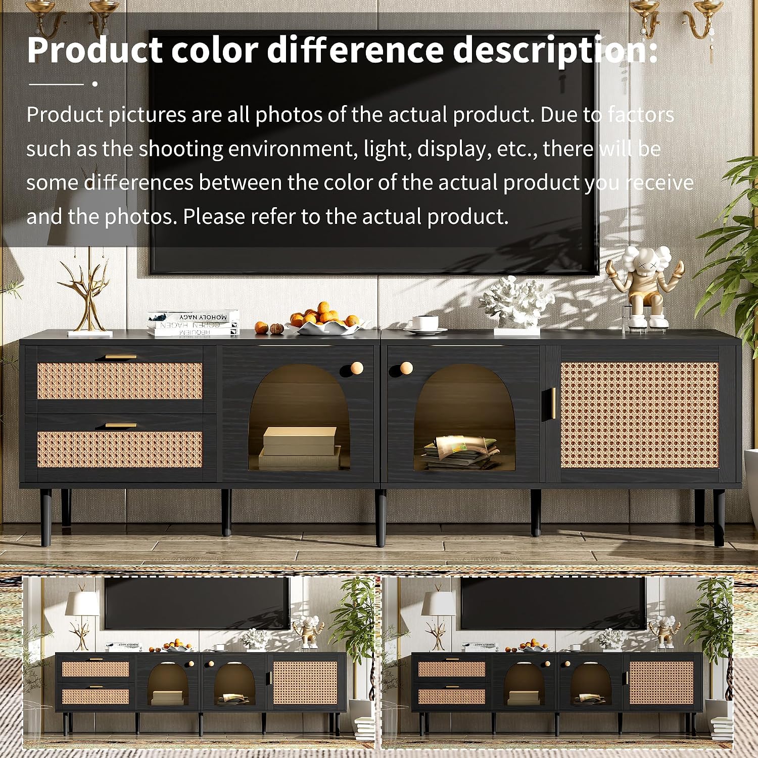 Merax LED TV Stand for TVs up to 80', Boho Entertainment Center with Rattan Decor, Multi-Functional Media Console & 3 Storage Cabinets and 2 Drawers for Living Room, Bedroom, Home Theatre, Black