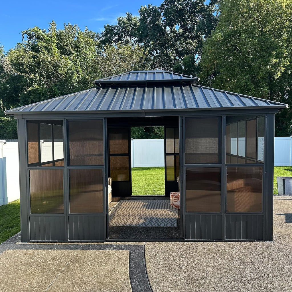 PURPLE LEAF 12' X 14' Solarium Permanent Hardtop Gazebo Galvanized Steel Double Roof Aluminum Outdoor Enclosed Gazebo for Lawn Deck Backyard Grey