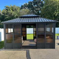 PURPLE LEAF 12' X 14' Solarium Permanent Hardtop Gazebo Galvanized Steel Double Roof Aluminum Outdoor Enclosed Gazebo for Lawn Deck Backyard Grey