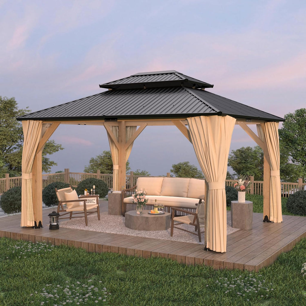 LVUYOYO 11' x 13' Wood Gazebo, Outdoor Hardtop Gazebo, Double Galvanized Steel Roof Gazebos Pergola with Curtains and Nettings, Wooden Pavilion for Patio, Backyard, Deck, Garden
