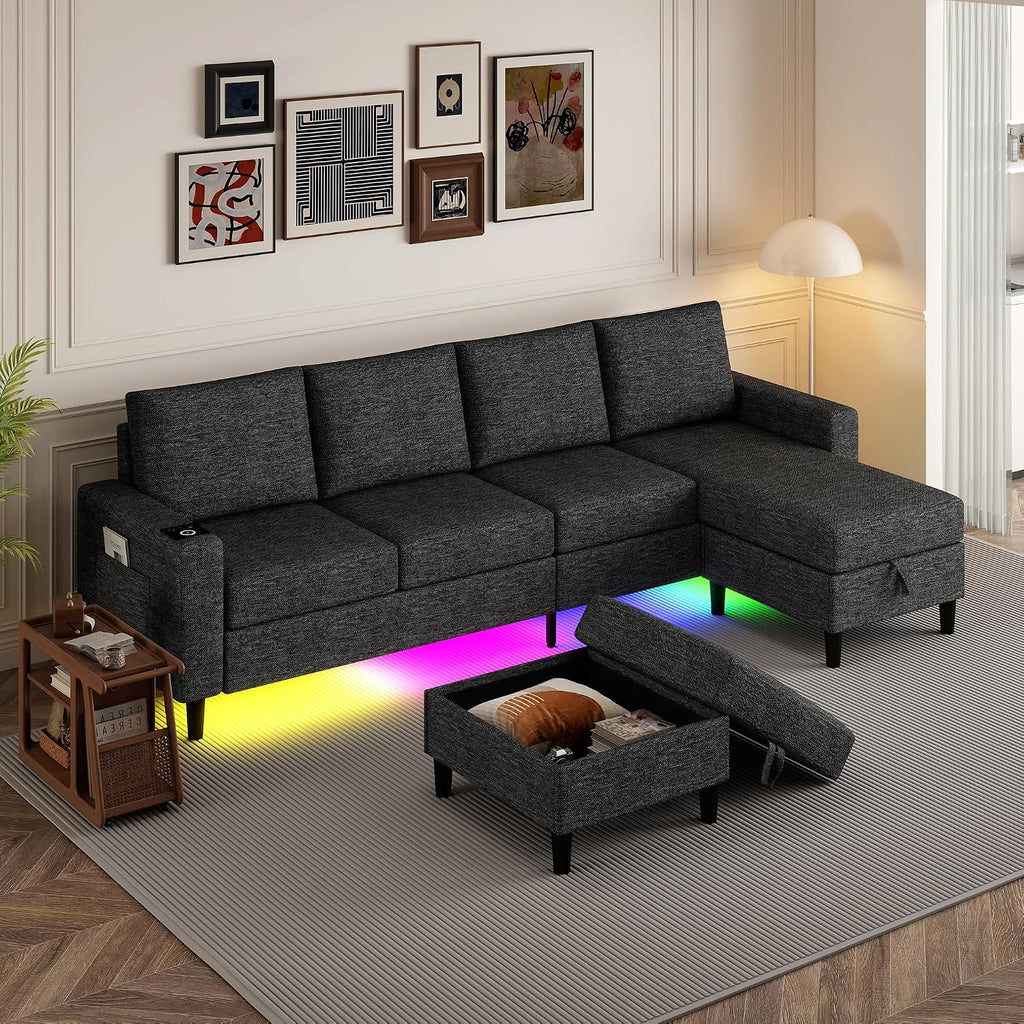 Sectional Couches for Living Room, 4 Seat Sectional Sofa with Smart Module-Wireless Charging/USB/Type-C/RGB Light, U Shaped Couch with Reversible Chaise Lounge/Storage Ottoman (Charcoal Grey)