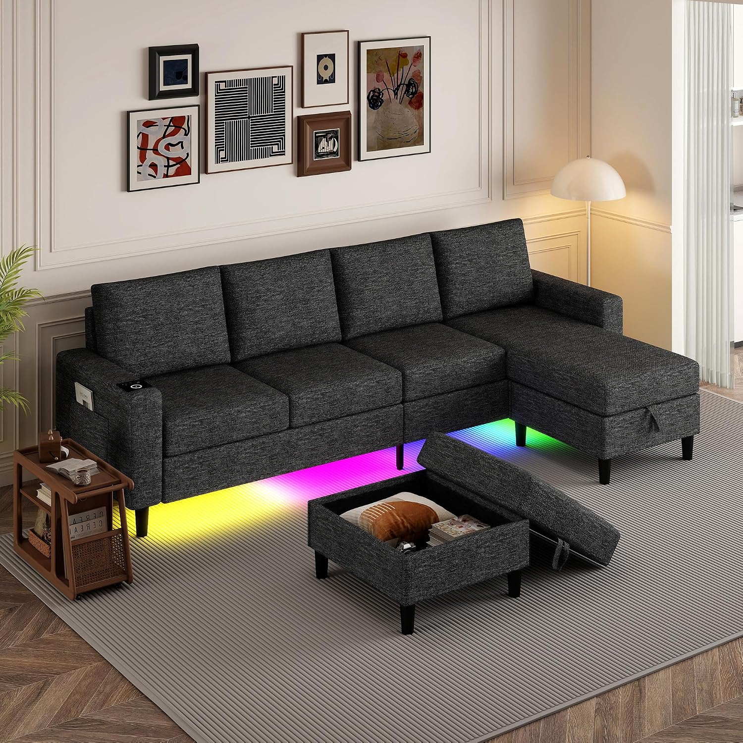 Sectional Couches for Living Room, 4 Seat Sectional Sofa with Smart Module-Wireless Charging/USB/Type-C/RGB Light, U Shaped Couch with Reversible Chaise Lounge/Storage Ottoman (Charcoal Grey)
