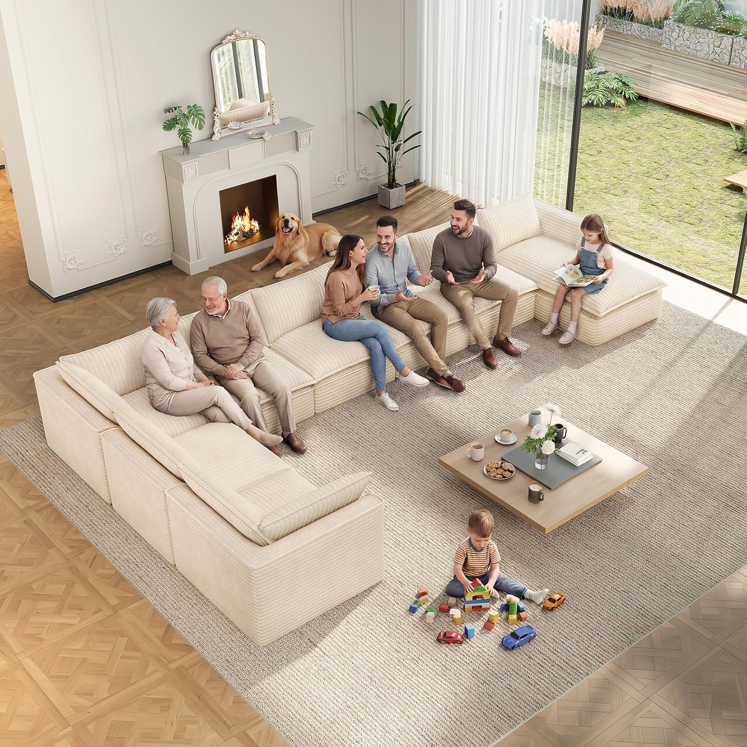 Vesgantti 204.7' Oversized Sectional Boneless Couch, Modern 9 Seater Modular Sofa with Chaise, Deep Seat Convertible Plush Corduroy Cloud Couches for Living Room, No Assembly Required, Beige
