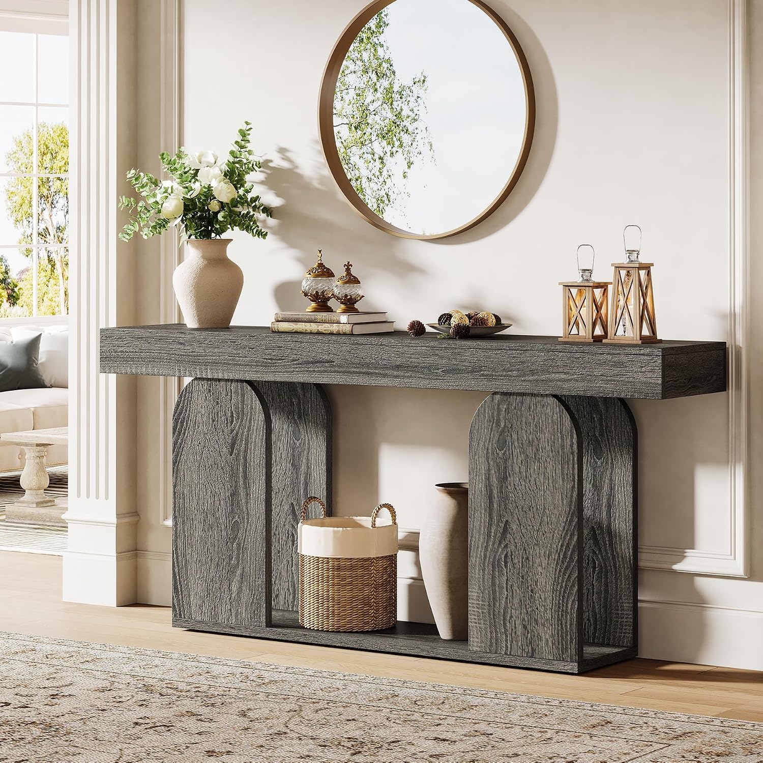 Tribesigns 70.9-Inch Extra Long Sofa Table, Farmhouse Console Tables with Wood Frame and Storage Shelf, 2-Tier Wood Table Behind Couch for Living Room, Hallway, Foyer, Light Brown (Dark Gray)