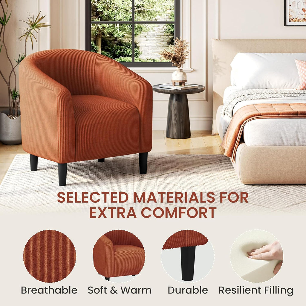 Yaheetech Accent Barrel Chair, Corduroy Fabric Club Chair, Furry Sherpa Elegant Armchair with Cozy Soft Padded, Suitable for Living Room Bedroom Reception Room Office, Brick Red