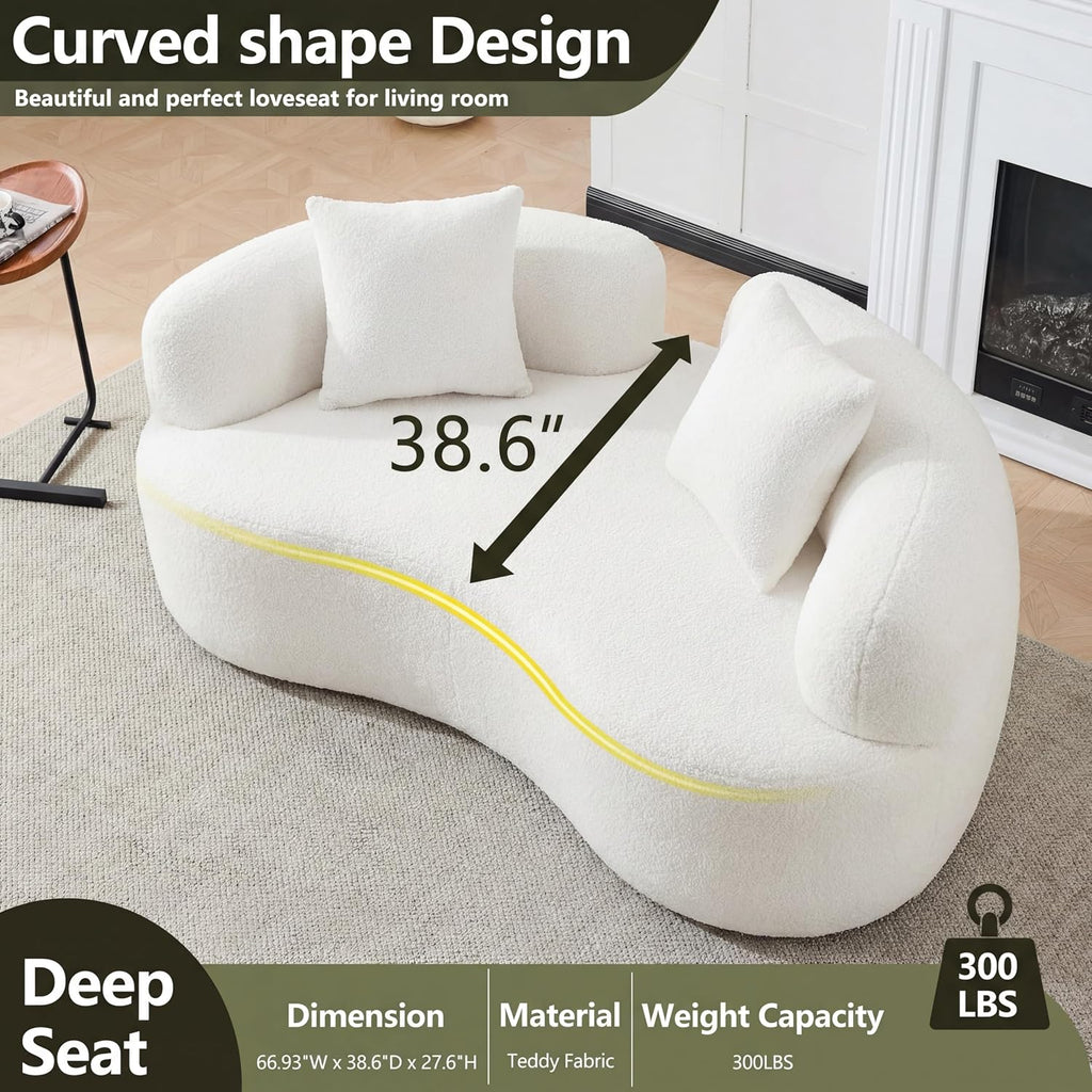 67'Curved Loveseat Sofa for Living Room, Deep Seat Love Seat Couch with 2 Throw Pillows, Modern Loveseat Adopt Teddy Fabric, Suitable Small Spaces The Cloud Loveseat, No Assembly Needed, White