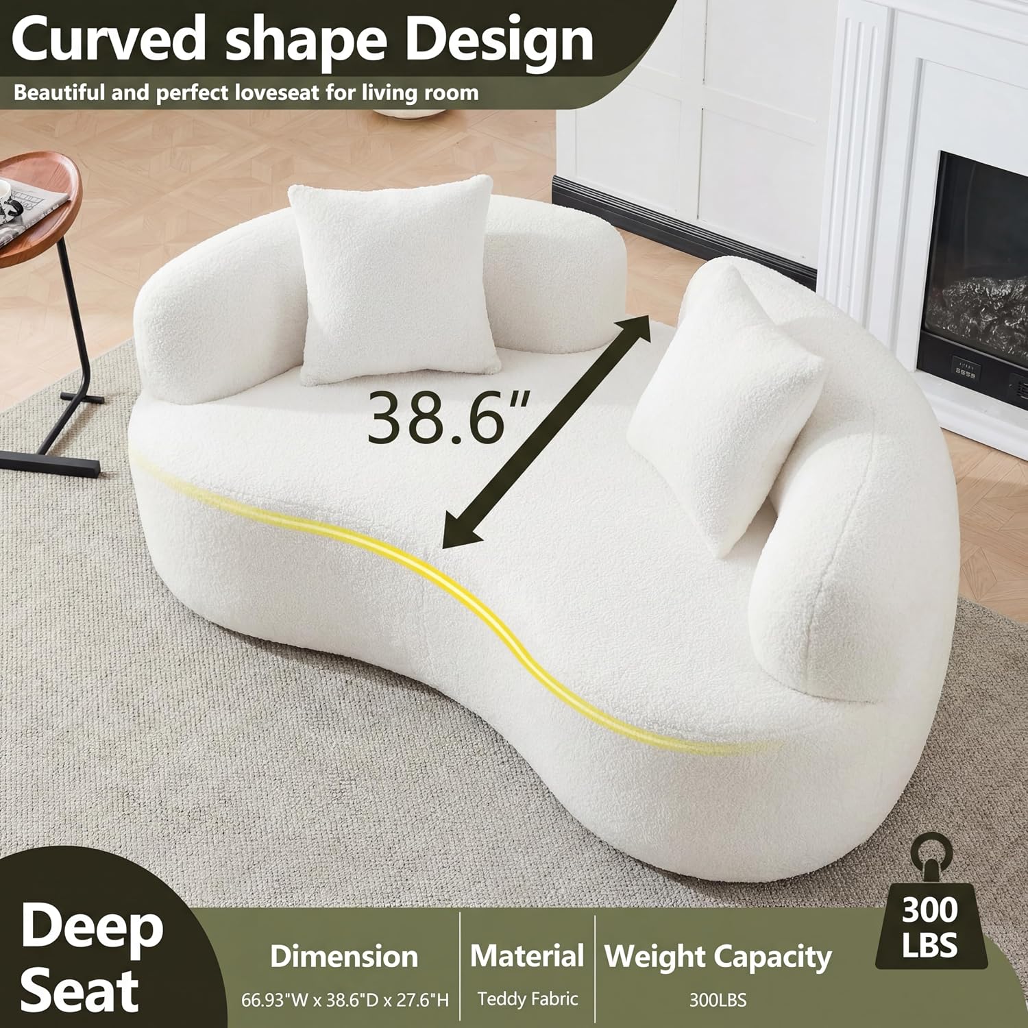 67'Curved Loveseat Sofa for Living Room, Deep Seat Love Seat Couch with 2 Throw Pillows, Modern Loveseat Adopt Teddy Fabric, Suitable Small Spaces The Cloud Loveseat, No Assembly Needed, White