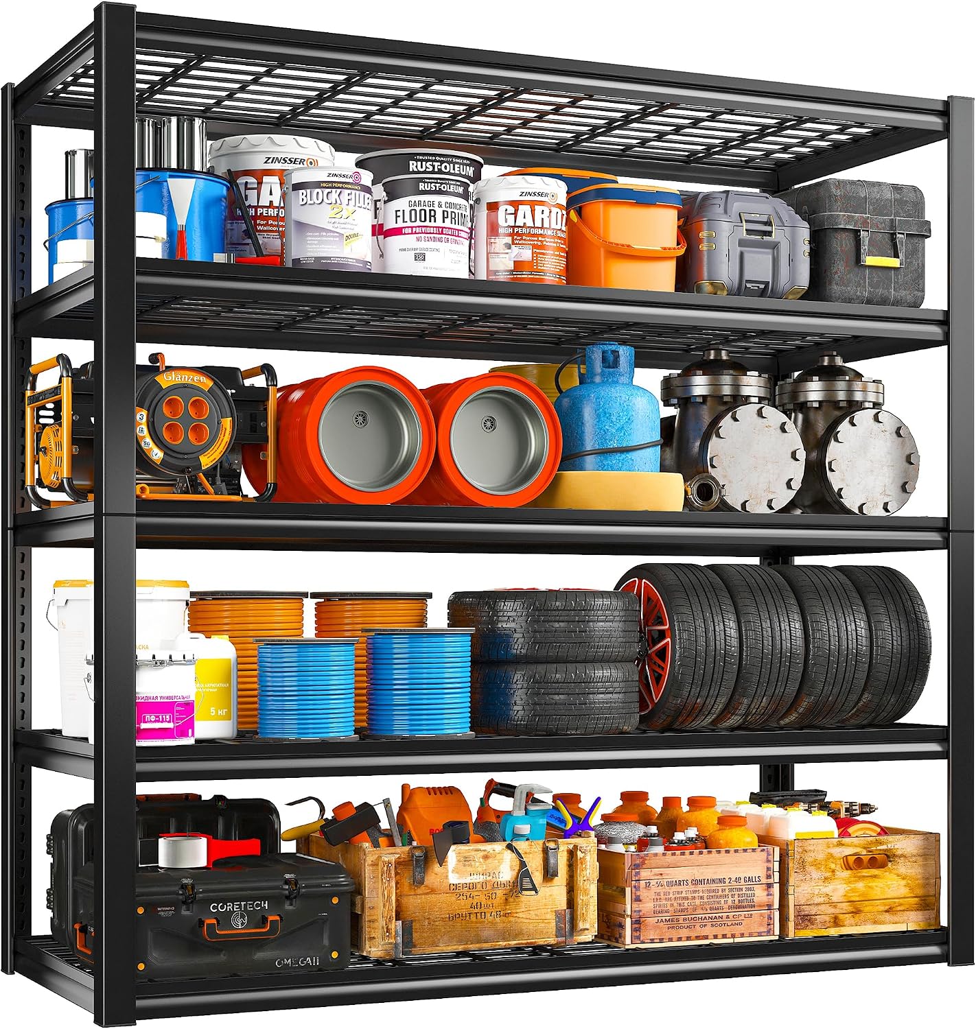 REIBII 48' W Garage Shelving Load 2500LBS, 5 Tier Storage Shelves, Adjustable Garage Storage Shelves, Heavy Duty Shelving for Warehouse, Pantry, Basement, Commercial, 48' W X 72' H X18 D