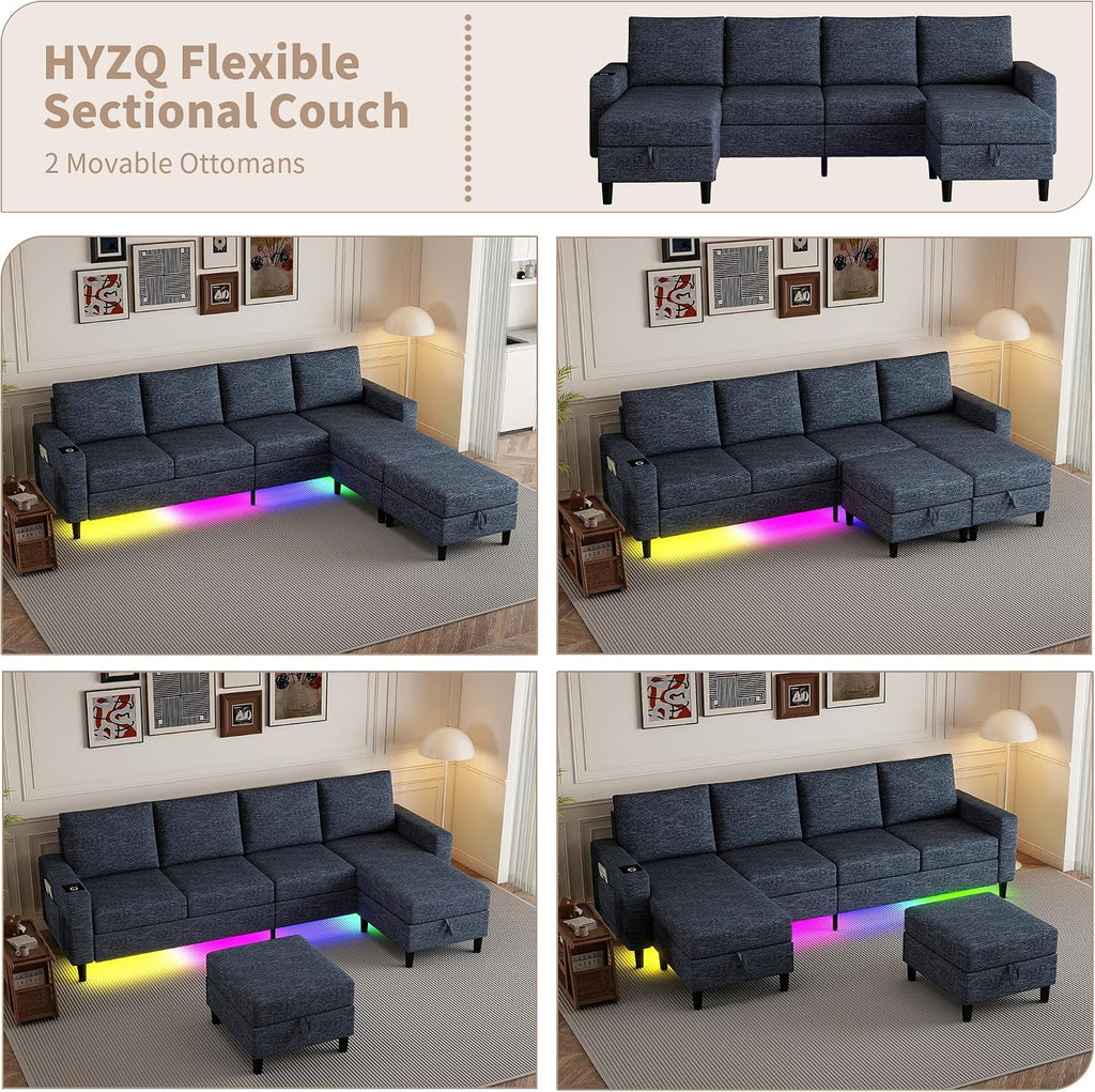 Sectional Couches for Living Room, 4 Seat Sectional Sofa with Smart Module-Wireless Charging/USB/Type-C/RGB Light, U Shaped Couch with Reversible Chaise Lounge/Storage Ottoman (Blue)