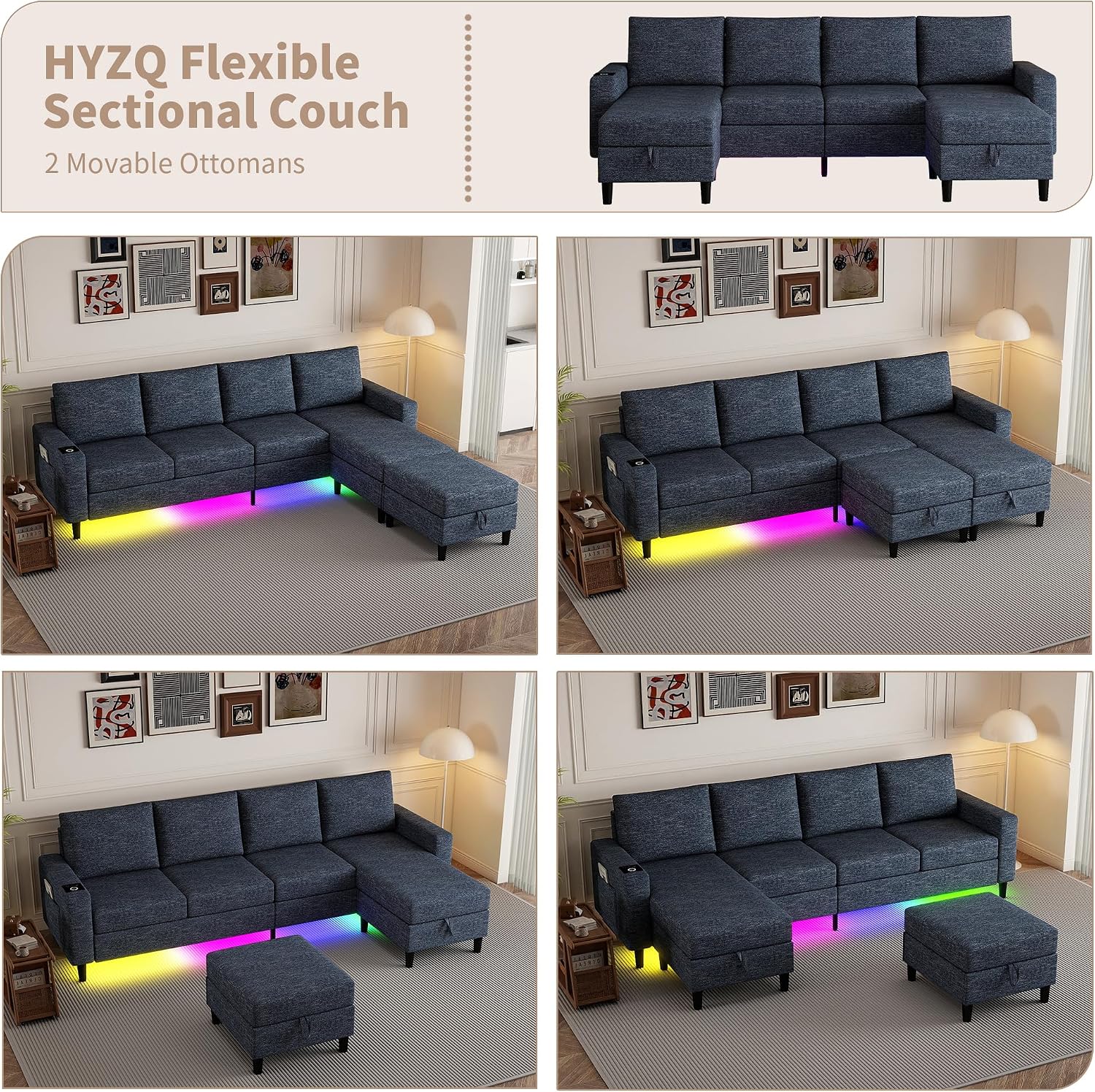 Sectional Couches for Living Room, 4 Seat Sectional Sofa with Smart Module-Wireless Charging/USB/Type-C/RGB Light, U Shaped Couch with Reversible Chaise Lounge/Storage Ottoman (Blue)