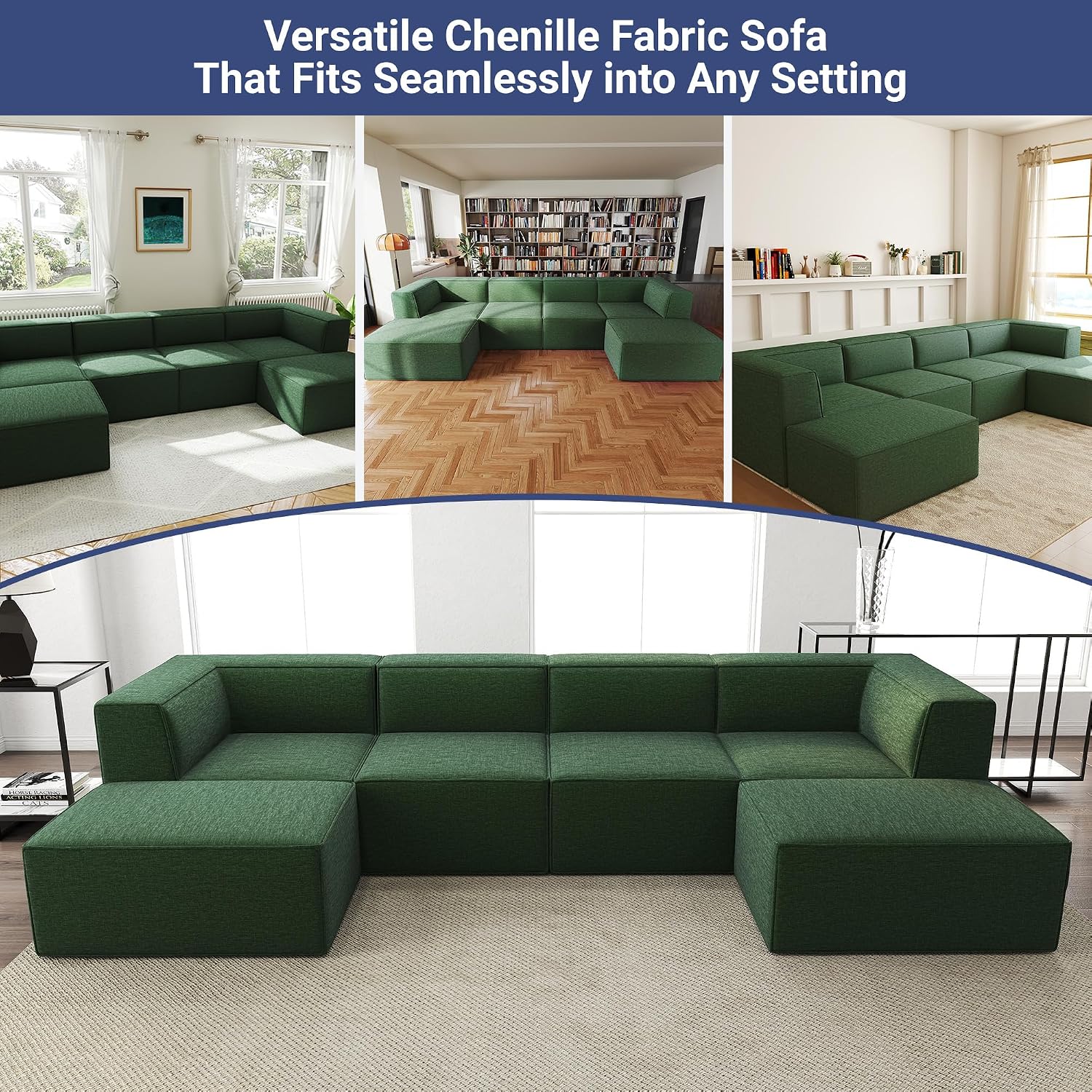 136' 6-Piece Sectional Sofa Modular Couches,L-U-Shaped with Chaise,for Living Room,Compressed Foam No Assembly,for Living Room (2xArmless Corner Ottoman) Fabric Chenille Green