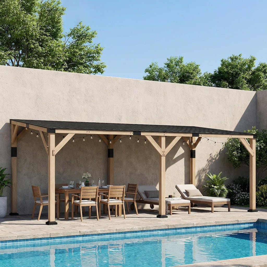 Outsunny 10' x 20' Wooden Gazebo, Hardtop Lean-to Gazebo Pergola with Galvanized Steel Sloped Roof, Large Heavy Duty Awning for Patio, Deck, Backyard, Light Walnut