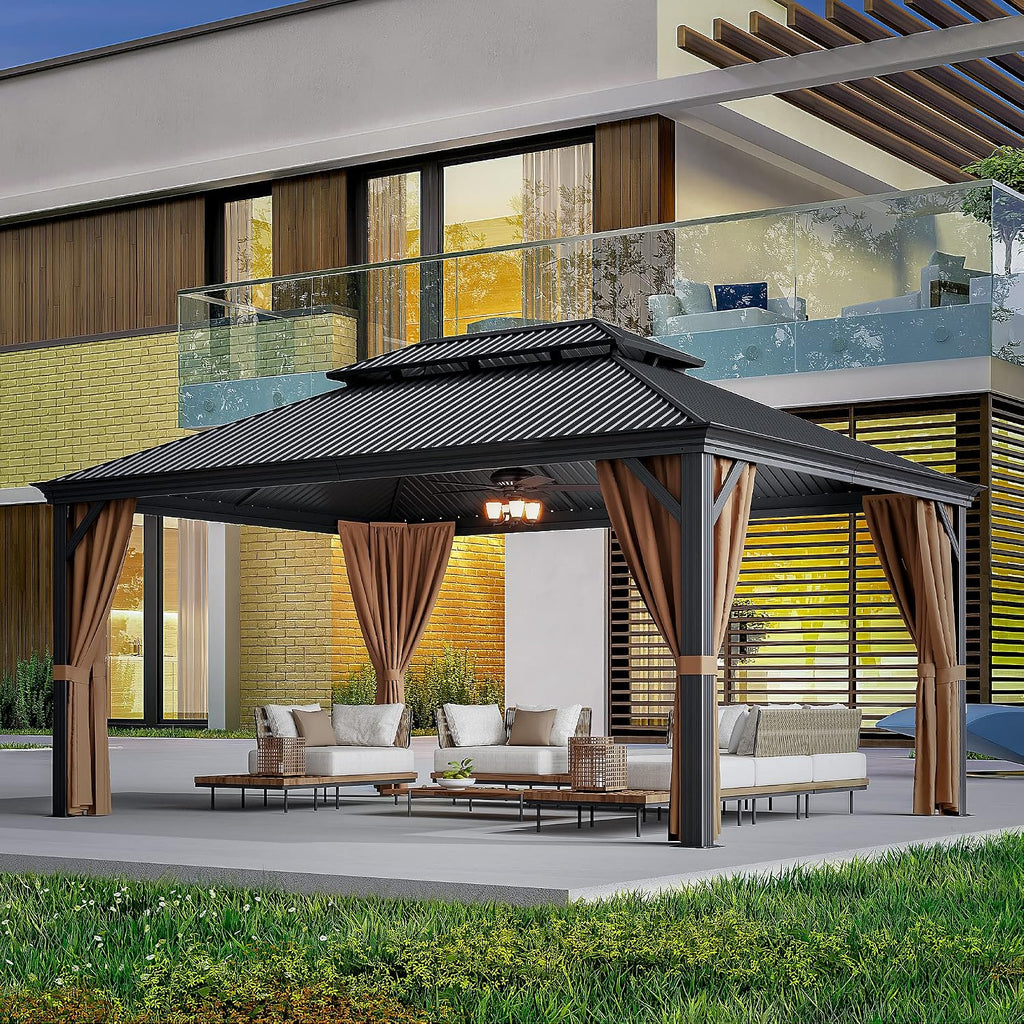 Greesum 12'x16' Hardtop Metal Gazebo, Outdoor Galvanized Steel Double Roof Canopy, Aluminum Frame Permanent Pavilion with Netting and Curtains for Patio, Backyard, Deck and Lawns