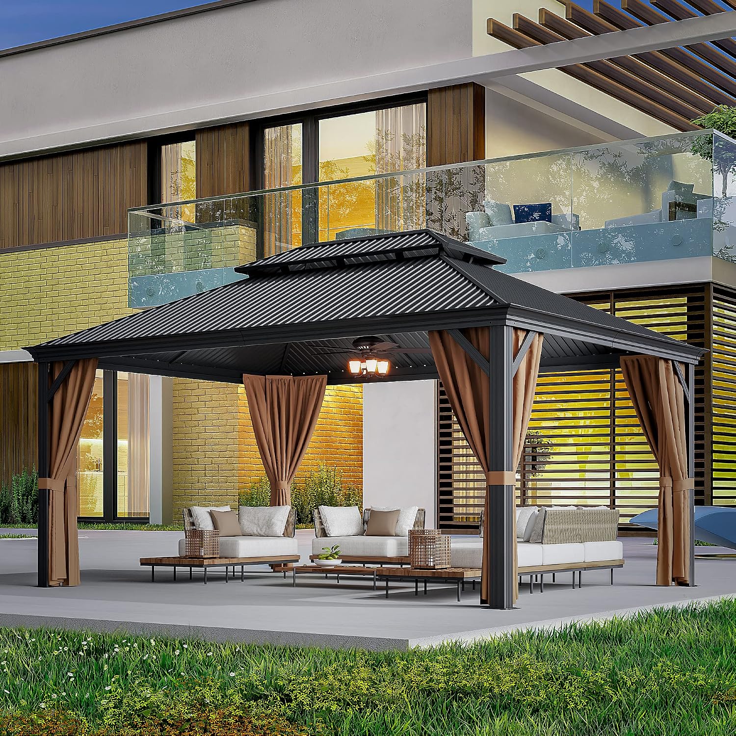 Greesum 12'x16' Hardtop Metal Gazebo, Outdoor Galvanized Steel Double Roof Canopy, Aluminum Frame Permanent Pavilion with Netting and Curtains for Patio, Backyard, Deck and Lawns