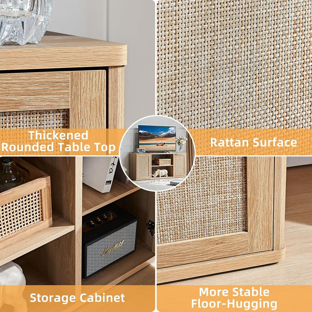 LEYAOYAO Rattan TV Stands for Living Room, Boho TV Cabinet with Storage and Open Shelf, Rustic Wood Entertainment Center, Media Console for 50-65 Inch TV, Natural Wood