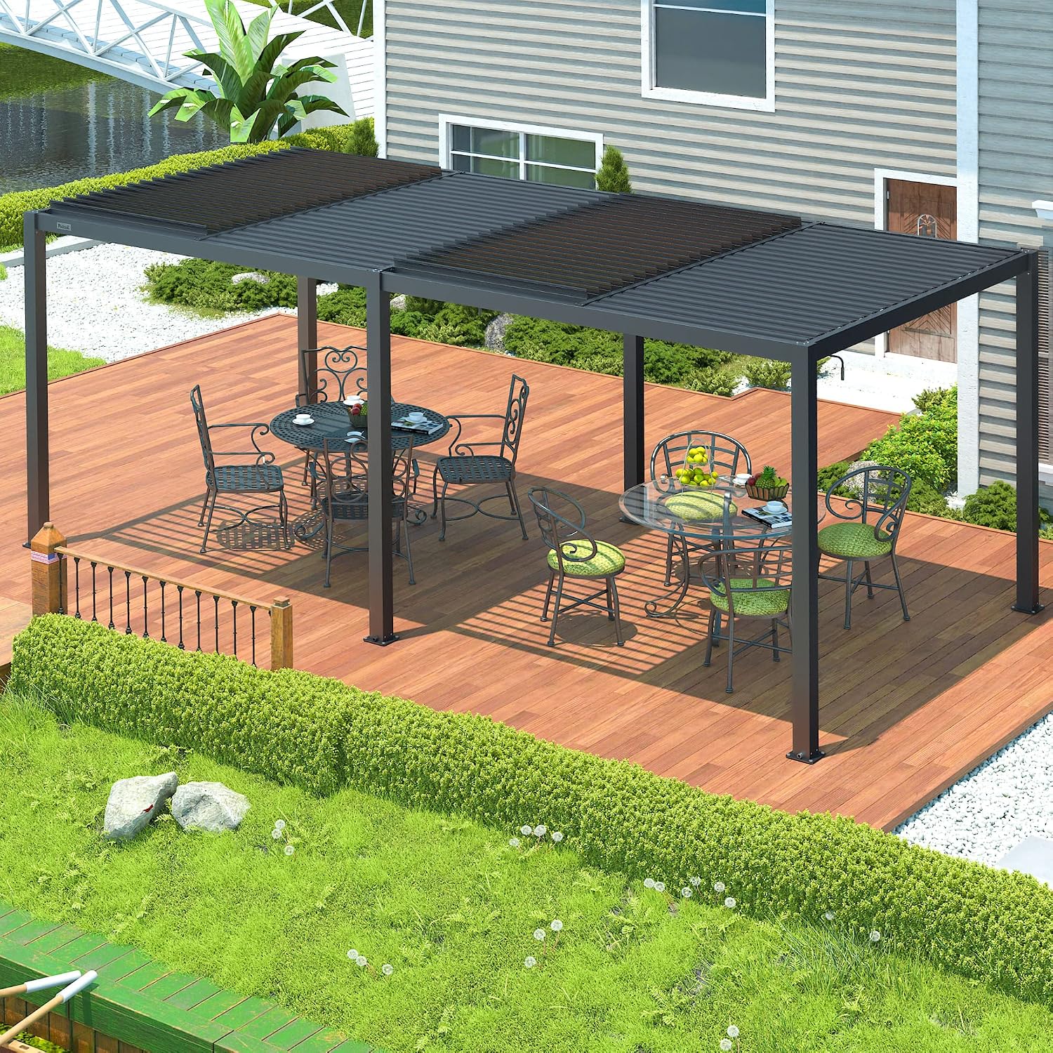 PATISOL Louvered Pergola 19'x10' Full Aluminum Patio Outdoor with Adjustable Roof Rainproof Sun Shade Easy Installation Hardtop Gazebo for Deck Garden Yard Beach (Dark Grey)