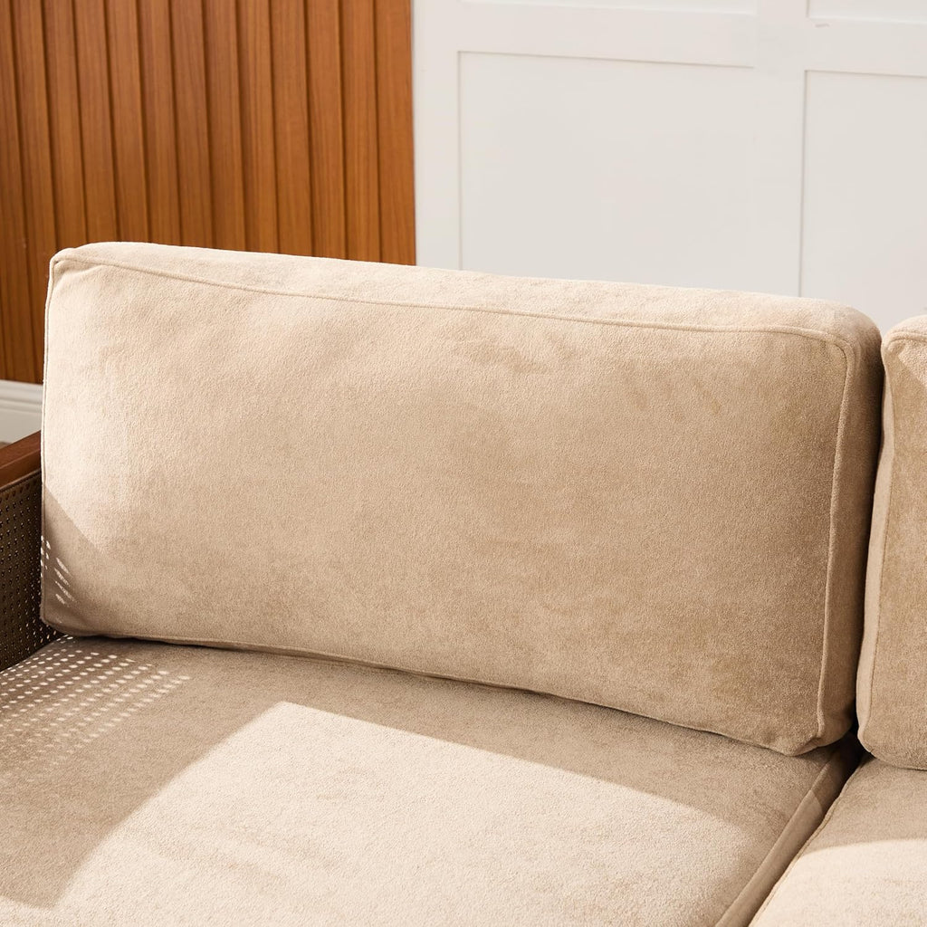 Christopher Knight Home Emir 3 Seater Sofa with Cushion, Sofa Chair with Cane Rattan and Wooden Frame, Spacious Seating Couch for Living Room/Bedrooms, Modern Slat Panel Sofa Couch, Walnut + Camel