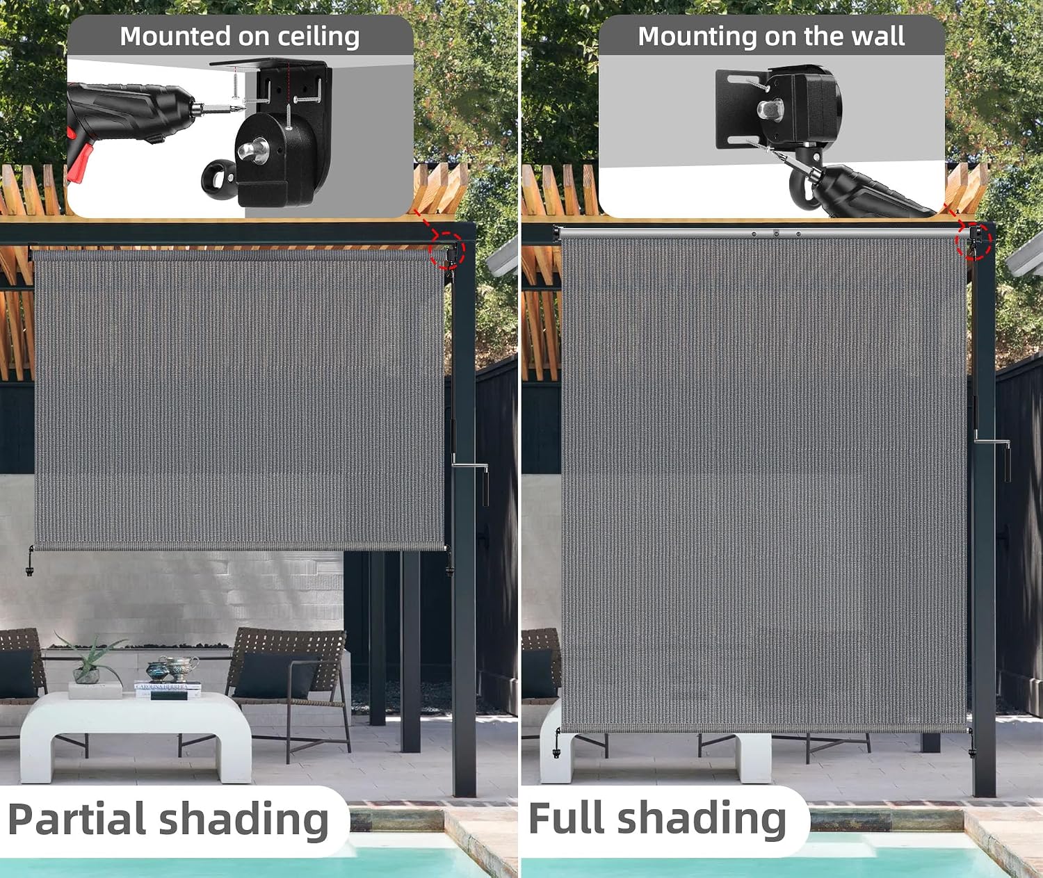 Outdoor Roller Shades,Exterior Cordless Patio Shades Roll Up Blinds for Porch Gazebo Pergola Backyard,Outdoor Blinds for Patio Privacy Screen Protection UV Sun Blocking Fade-Resistant 10ft Wide x 8 H