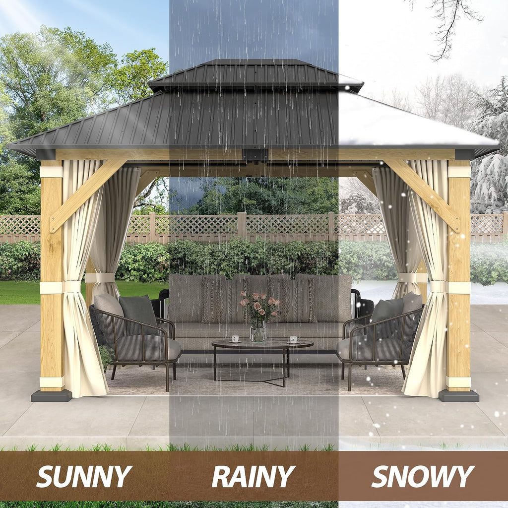 10' x 12' Wood Gazebo,Outdoor Cedar Wood Hardtop Gazebo with Galvanized Steel Doule Roof, Wooden Frame Gazebo with Netting and Curtains for Patio Backyard Deck