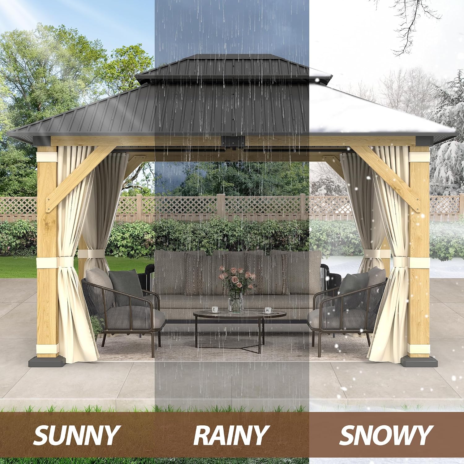 10' x 12' Wood Gazebo,Outdoor Cedar Wood Hardtop Gazebo with Galvanized Steel Doule Roof, Wooden Frame Gazebo with Netting and Curtains for Patio Backyard Deck