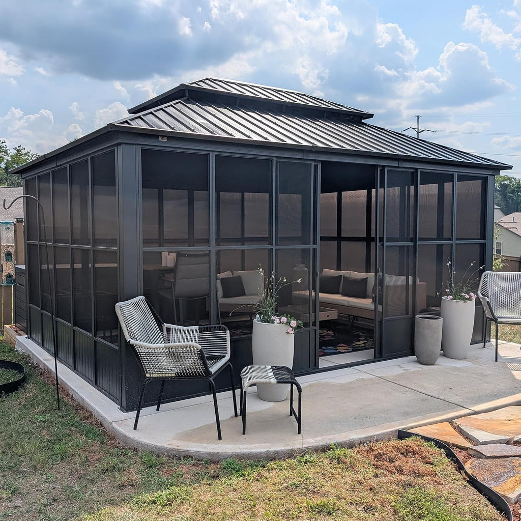 PURPLE LEAF 12' X 16' Solarium Sunroom Permanent Hardtop Gazebo Galvanized Steel Double Roof Aluminum Outdoor Screen House for Lawn Deck Backyard Grey