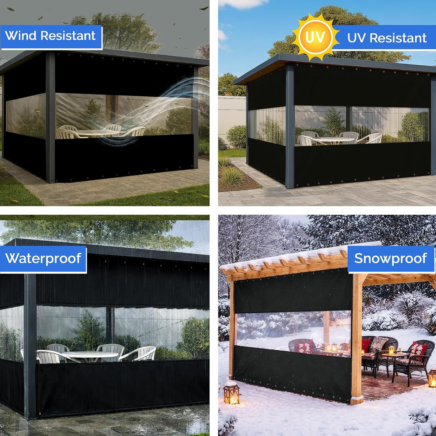 Covers & All Vinyl Outdoor Curtains for Patio Waterproof – 12 oz Outdoor Clear Panel Curtains, Gazebo Curtains with Brass Grommets for Pergola, Porch & Patio Walls for Winter (8 x 12 ft, Black)