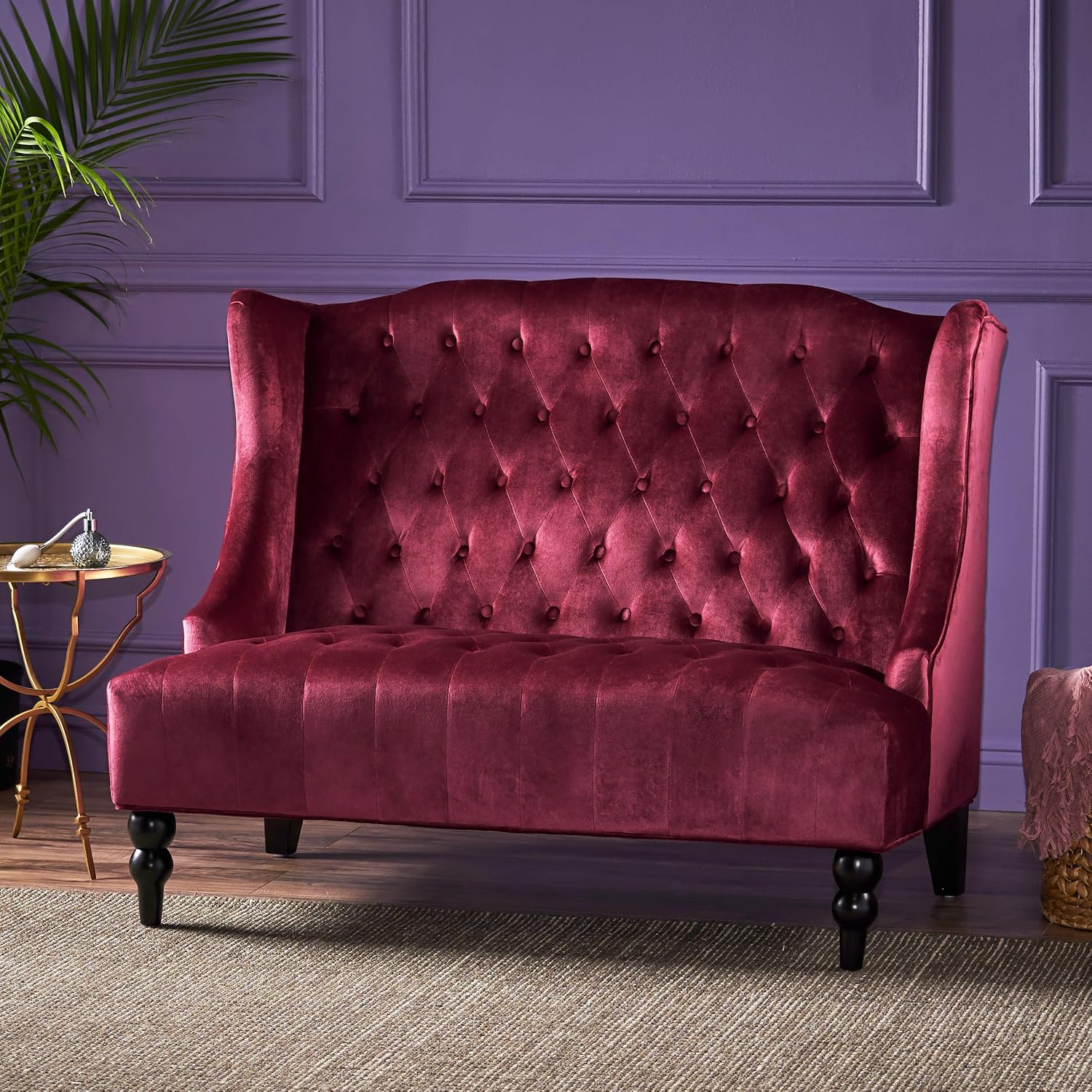 Modern Tufted Velvet Wingback Loveseat, Tufted Velvet 2 Seat Couch Sofas with High Back Thick Padded Cushioned Seats for Living Room, Victorian Style, Wine red