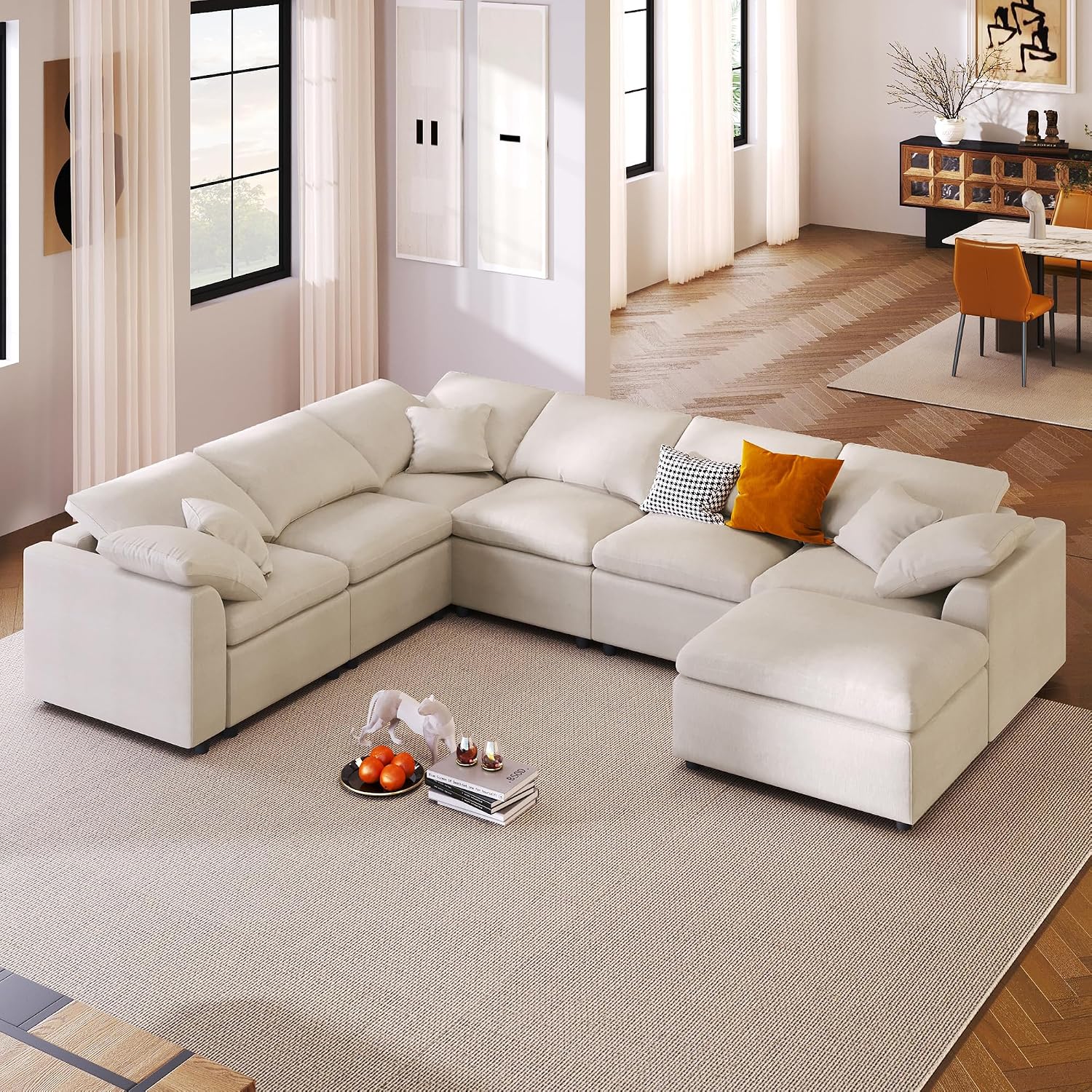 LUMISOL 124.8' Sectional Sofa with Ottoman for Living Room, Oversized L Shaped Couch, Modular Combination Corner Sofa for Spacious Space Office Apartment, Beige