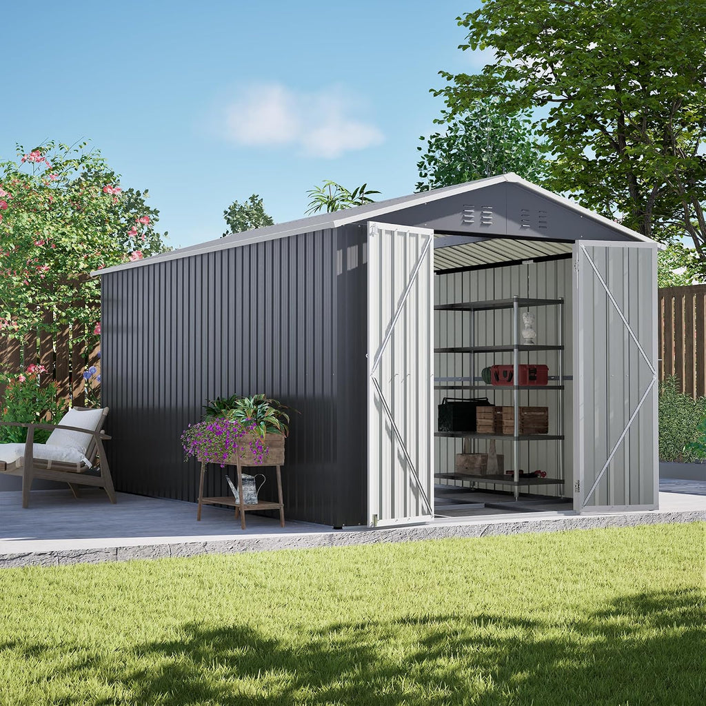 8x12 Ft Large Metal Outdoor Storage Shed with Floor Frame & Lock, Durable Waterproof & Windproof Tool Shed for Garden, Backyard, Patio