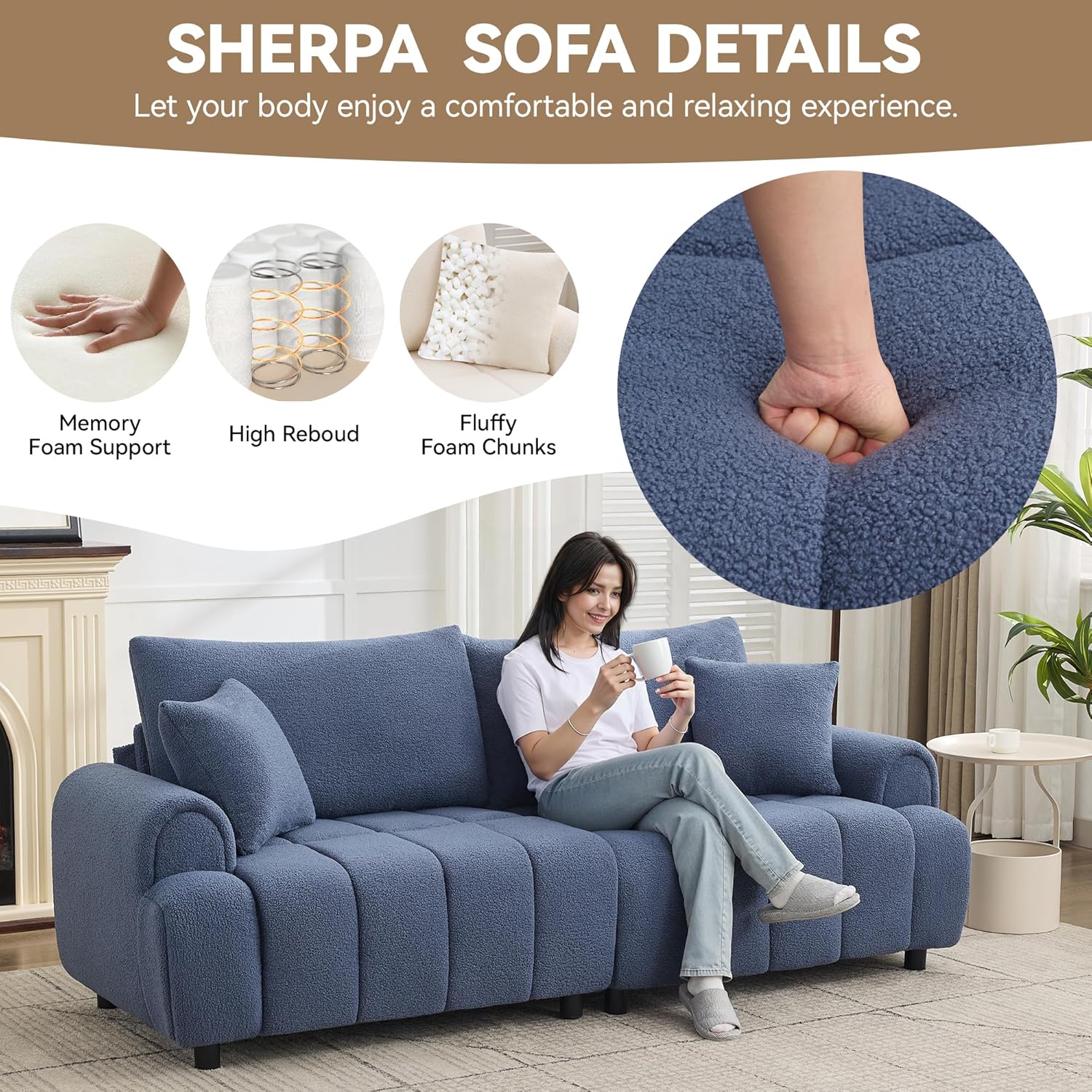 88 'Modern Boucle Sofa Couch, Oversized Comfy 3 Seater Sherpa Curved Sofas Deep Seat, Upholstered Loveseat Teddy Round Arm Couches for Living Room, Bedroom, Blue
