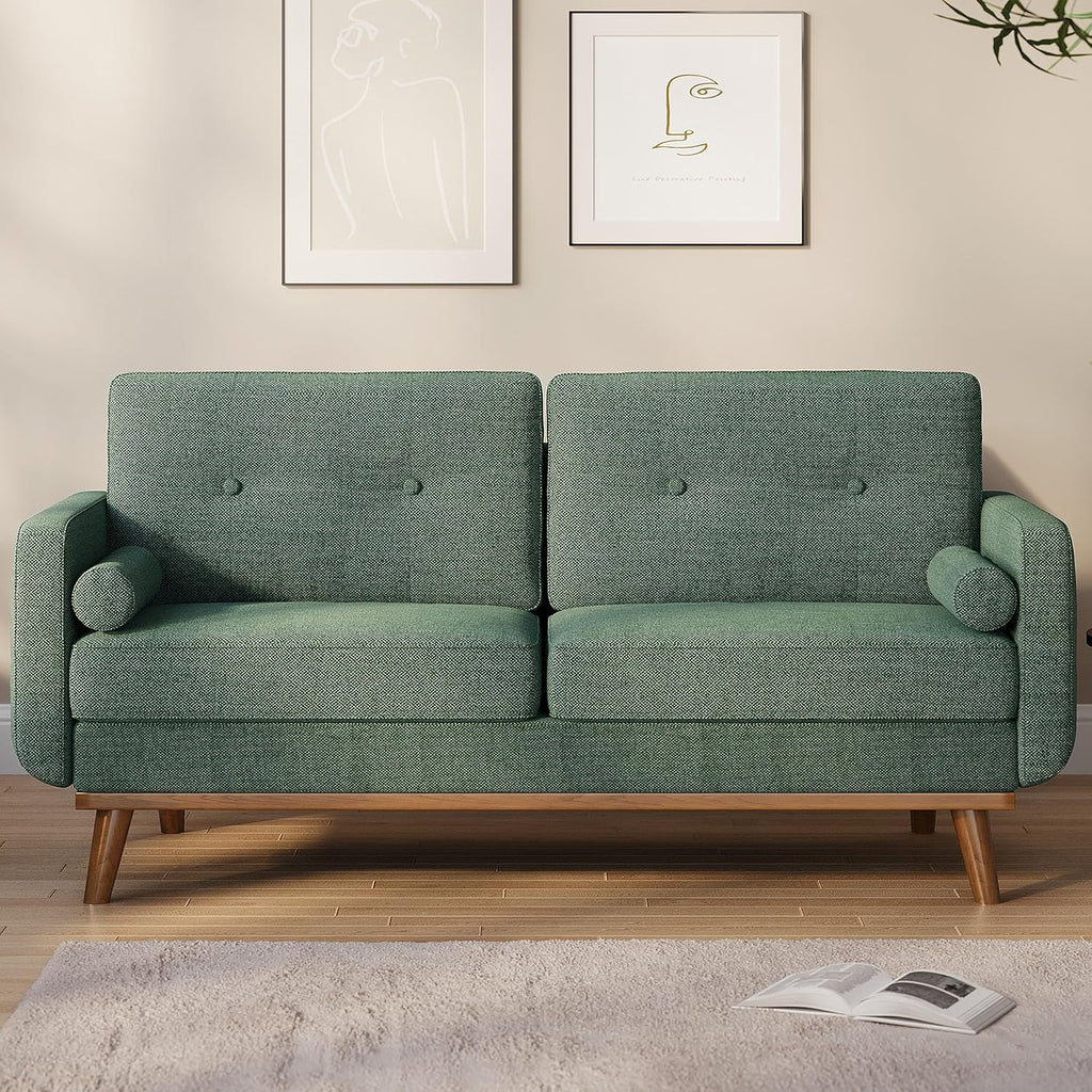 IDEALHOUSE 65' Loveseat Sofa, Mid Century Modern Love Seat Couches for Living Room, Button Tufted Sofa Couch with Wood Legs & Trim for Living Room, Bedroom, Office, Linen, Green