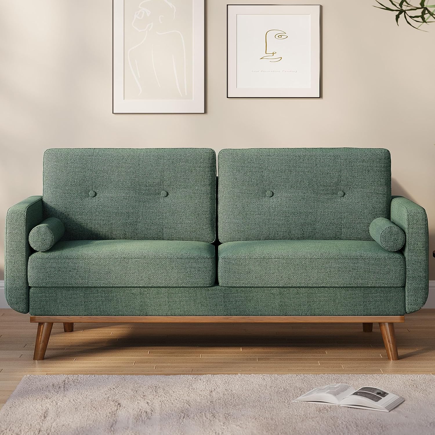 IDEALHOUSE 65' Loveseat Sofa, Mid Century Modern Love Seat Couches for Living Room, Button Tufted Sofa Couch with Wood Legs & Trim for Living Room, Bedroom, Office, Linen, Green