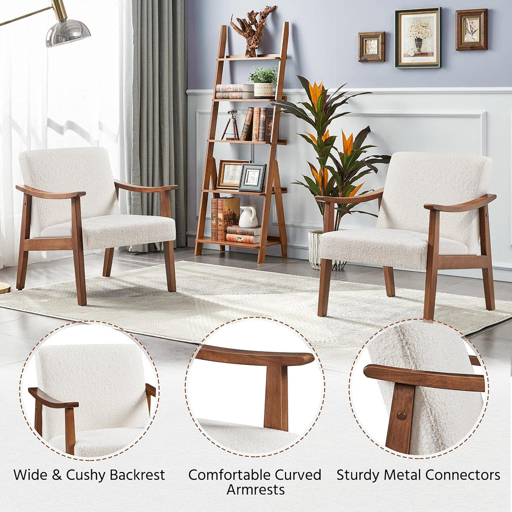 Yaheetech Fabric Accent Chair, Mid-Century Modern Armchair with Solid Wood Legs, Reading Leisure Chair with High Back for Living Room Bedroom Waiting Room, Set of 2, Ivory