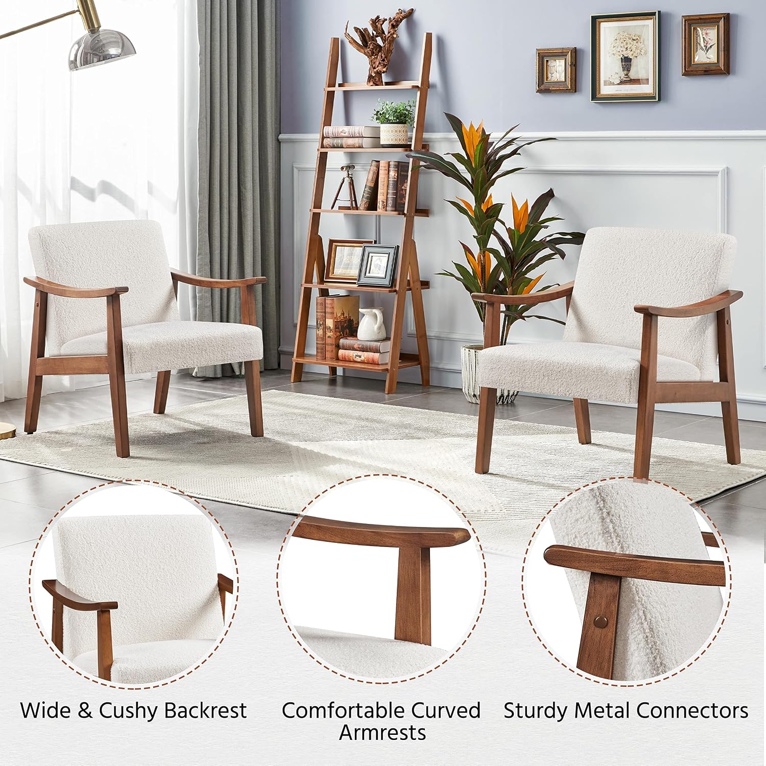 Yaheetech Fabric Accent Chair, Mid-Century Modern Armchair with Solid Wood Legs, Reading Leisure Chair with High Back for Living Room Bedroom Waiting Room, Set of 2, Ivory
