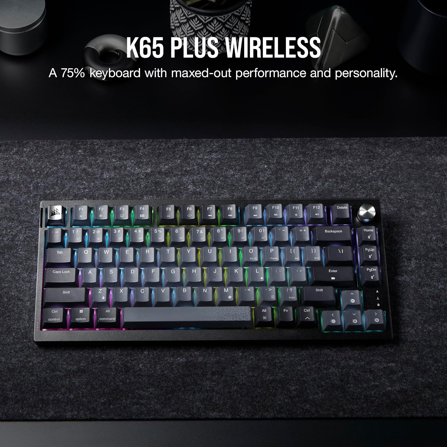 Corsair K65 Plus Wireless 75% RGB Mechanical Gaming Keyboard – Pre-Lubricated MLX Red Linear Switches – PBT Dye-Sub Keycaps – PC, Mac, PS5, PS4, Xbox, iPad – QWERTY NA – Black/Gray