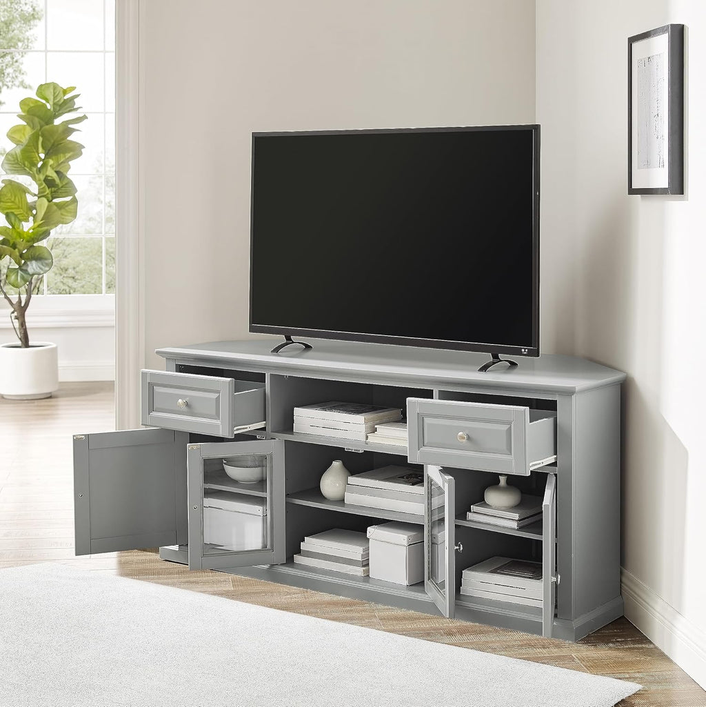 Crosley Furniture Corner TV Stand for 65+ inch TVs, Entertainment Center with Adjustable Storage Shelves, Gray