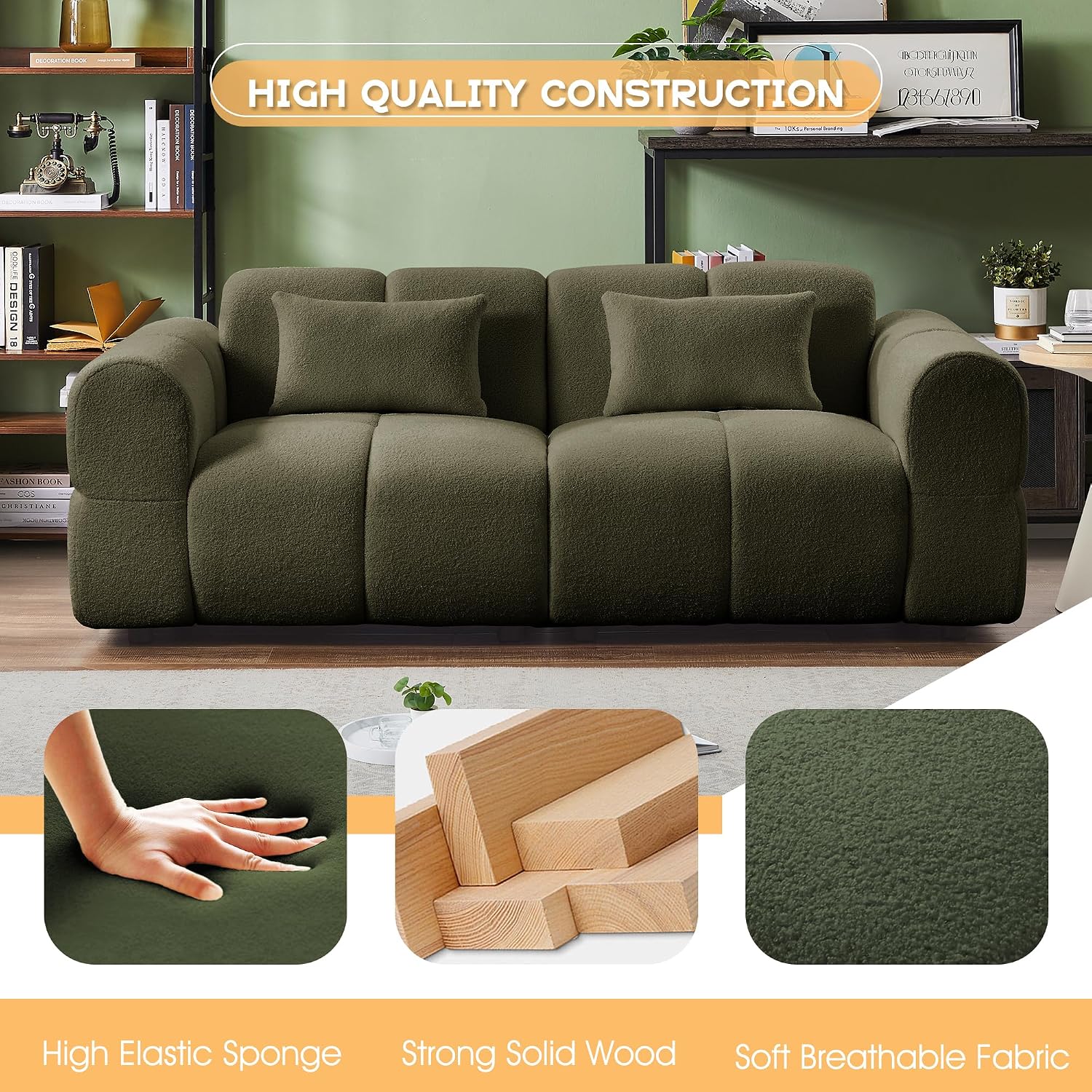 80' Modern Sofa Couch, Comfy Deep Seat Lambswool Cloud Sofa, Upholstered 3-Seater Boucle Couch, Oversized Loveseat for Living Room, Bedroom, Office, Apartment(Green)