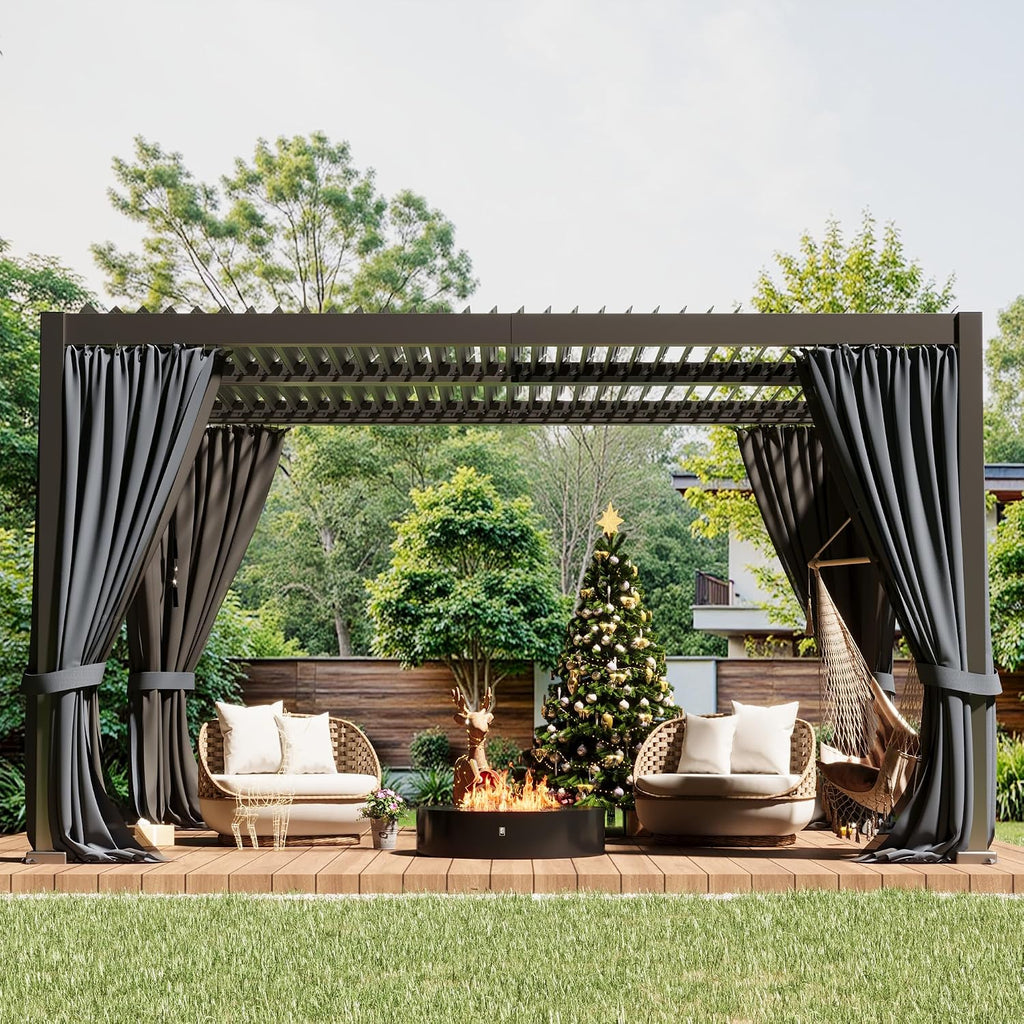 10×13 FT Aluminum Louvered Pergola,Outdoor Metal Pergola with Adjustable Waterproof Louvered Roof, Outdoor Gazebo with Curtains & Nets for Patio,Backyard,Garden (Grey)