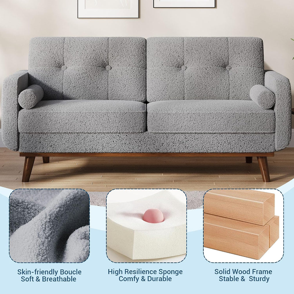 IDEALHOUSE 65' Mid Century Modern Couch Sofa Loveseat, Comfy Love Seat Couches for Living Room, 2 Seater Teddy Fleece Boucle Upholstered Deep Seat Couch for Bedroom Office Small Space, Gray