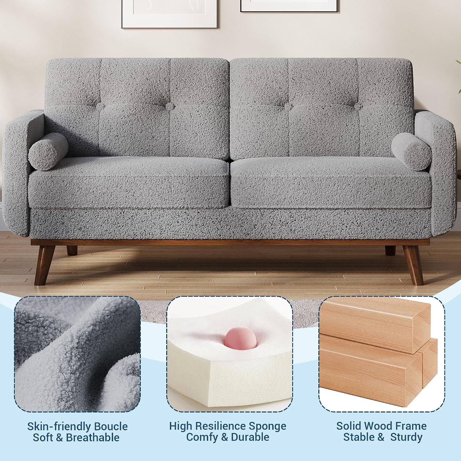 IDEALHOUSE 65' Mid Century Modern Couch Sofa Loveseat, Comfy Love Seat Couches for Living Room, 2 Seater Teddy Fleece Boucle Upholstered Deep Seat Couch for Bedroom Office Small Space, Gray