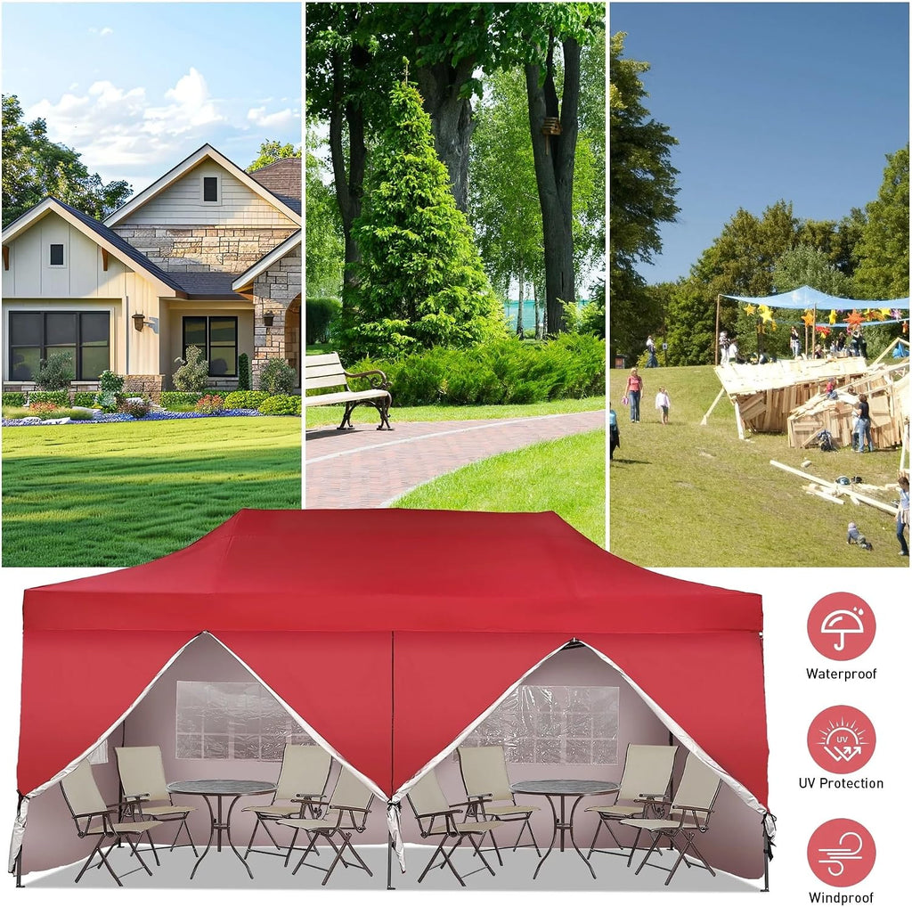 Outdoor Basic 10' x 20' Pop up Canopy Tent, Instant Heavy Duty Gazebo Tent with 6 Sidewalls/Wheeled Bag for Party Commercial Activity (Red, with 6 Sidewall)