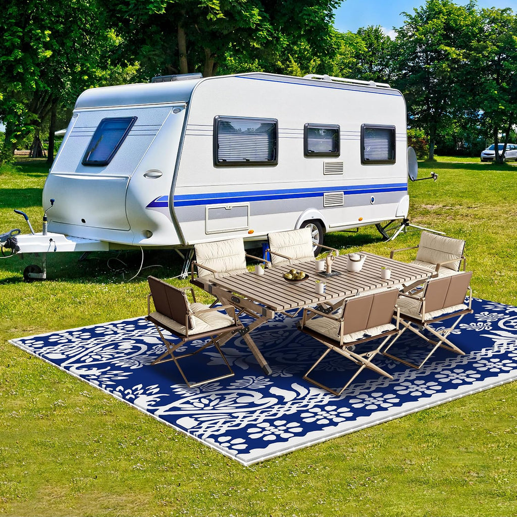 Pafolo Outdoor Rug Waterproof, 9'x12' Reversible Patio Rug with Lights, 4 Rug Stakes, Non Shedding, Easy Cleaning, Foldable Outside Mat for RV, Camping, Porch, Deck, Beach, Patio, Picnic, Blue&White