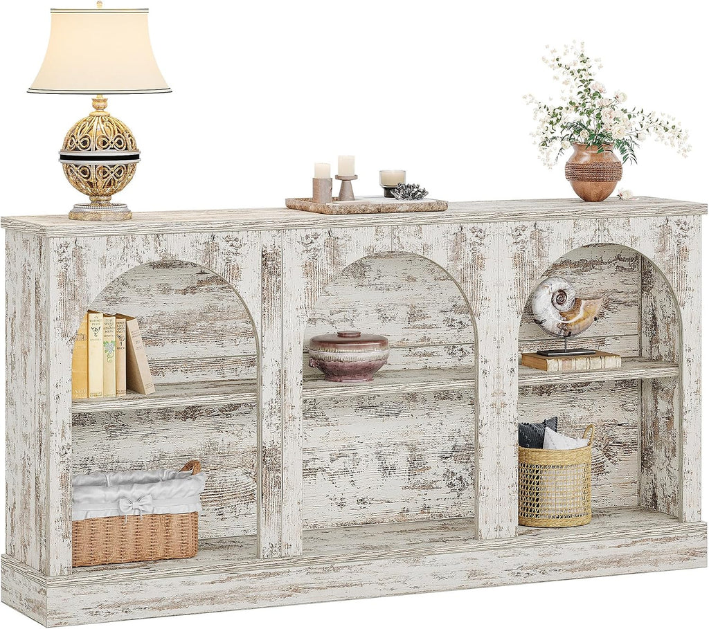 Tribesigns Farmhouse Console Table, 63-Inch Long Entryway Table with 3 Tier Storage, Wooden Rectangular Sofa Table Behind The Couch for Entrance, Hallway, Living Room, Distressed White