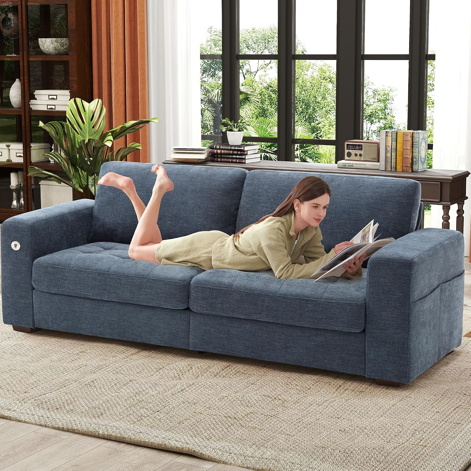 Ihanherry Modern Sofa Living Room Couch with USB/Type-C Charging Port, Comfy 3-Seats Chenille Recliner Sofa for Small Space, Removable Medium Firm Cushion, (89inch, Blue)
