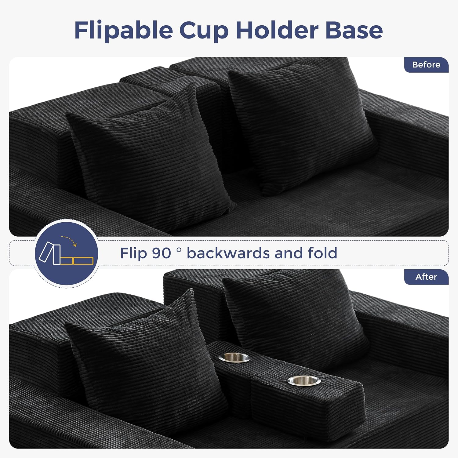 MAXYOYO Loveseat Sofa Bed, 64' Foldable Floor Sofa Couch in A Box with 2 Cup Holders, 4 in 1 Convertible Boneless Couch Folding Recliner Sleeper Chair for Living Room, No Assembly Required, Black