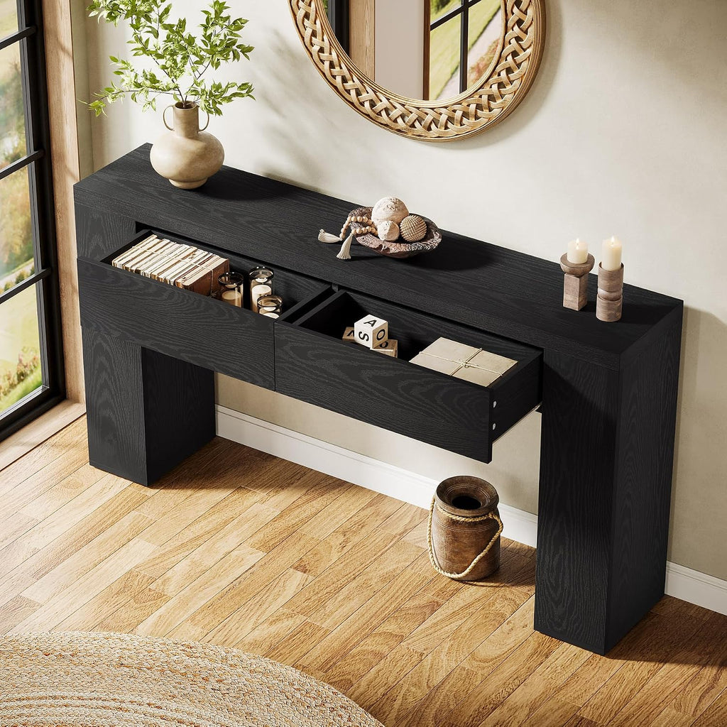 Tribesigns 63-Inch Wooden Console Table with 2 Hidden Drawers, Farmhouse Rustic Brown Sofa Table for Living Room, Hallway, Entrance, Foyer, Easy Assembly (Black)