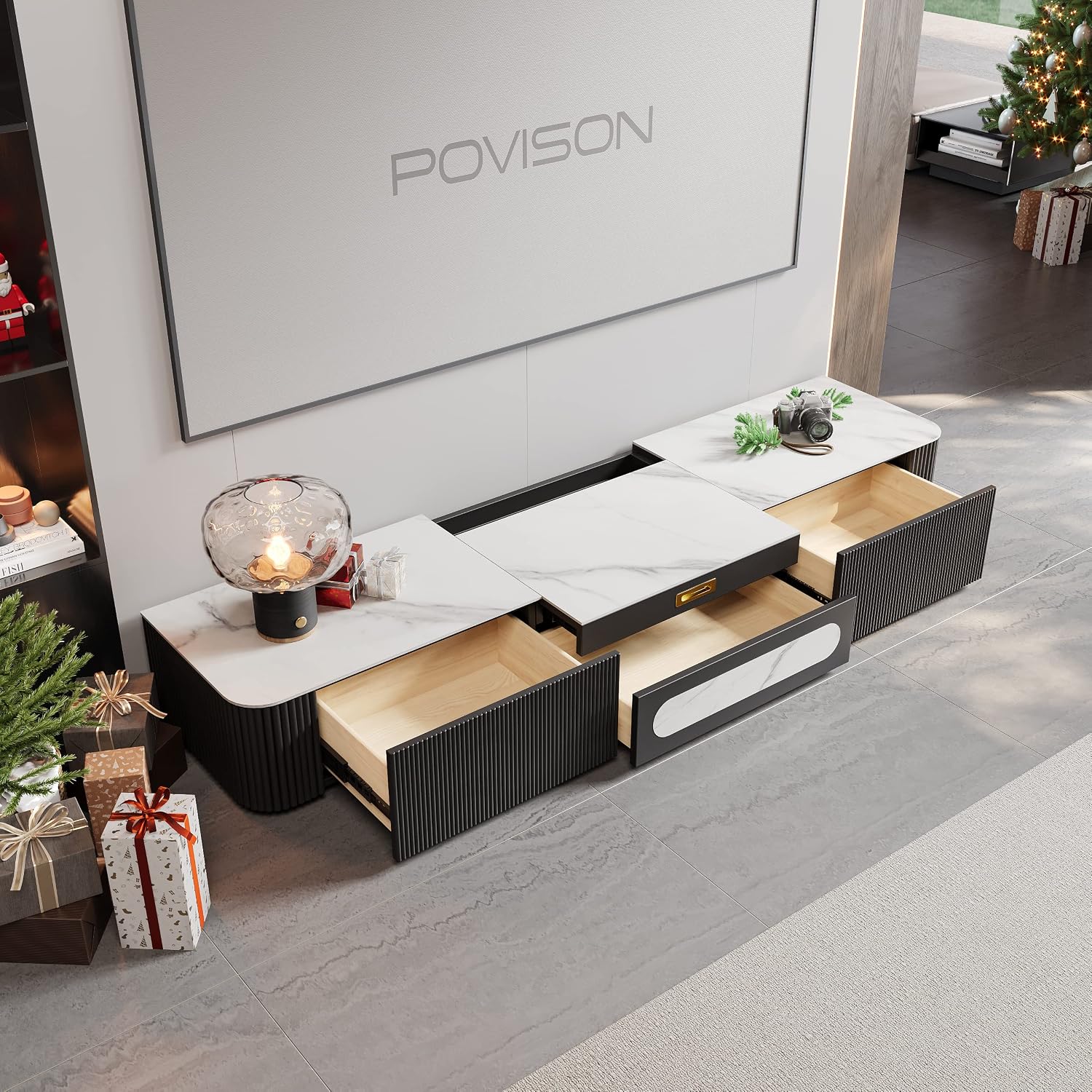 POVISON Fully-Assembled Modern TV Stand for Projector, Sintered Stone Entertainment Center with Storage for 75 inch TV, Wood TV Console, Media Console for Living Room Bedroom