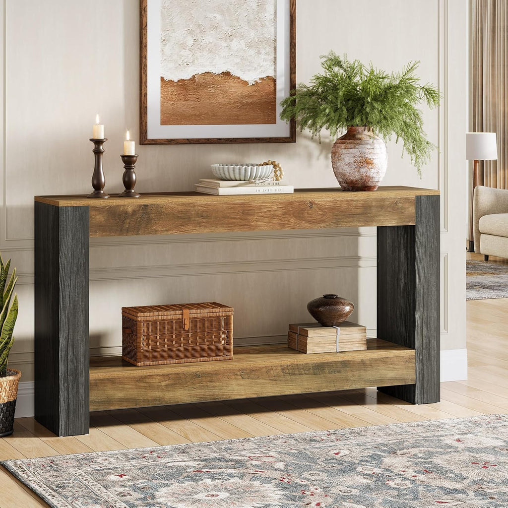 Tribesigns 63-Inch Long Console Table for Entryway, Farmhouse Wood Sofa Table Behind Couch for Living Room, Hallway, Entrance, Foyer, Rustic Brown & Black