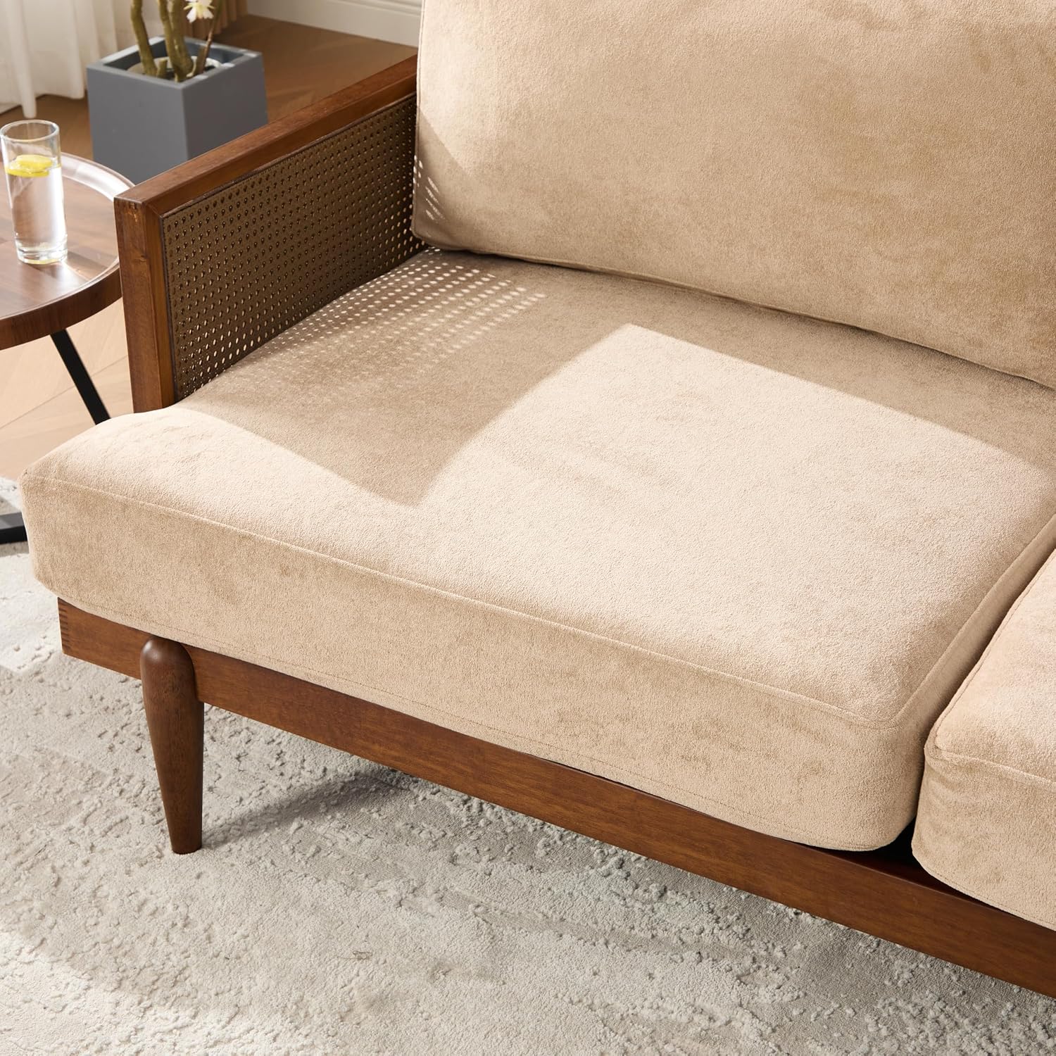 Christopher Knight Home Emir 3 Seater Sofa with Cushion, Sofa Chair with Cane Rattan and Wooden Frame, Spacious Seating Couch for Living Room/Bedrooms, Modern Slat Panel Sofa Couch, Walnut + Camel